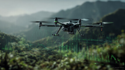 A high-tech drone flying over a lush green landscape, capturing stunning aerial views and showcasing the wonders of modern technology.