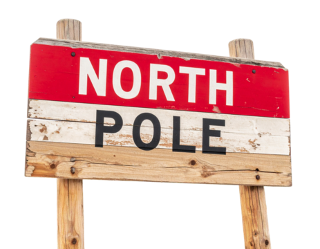 Broken North Pole Sign with Cracked Wood and Faded Paint, Diagonal Angle, Transparent PNG