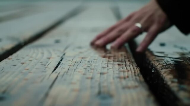 Close-up of a hand gently touching wet wooden planks on a rainy day, evoking a sense of calmness