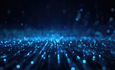 Abstract dark blue background with glowing particles and lines forming a grid-like structure, suggesting depth and movement