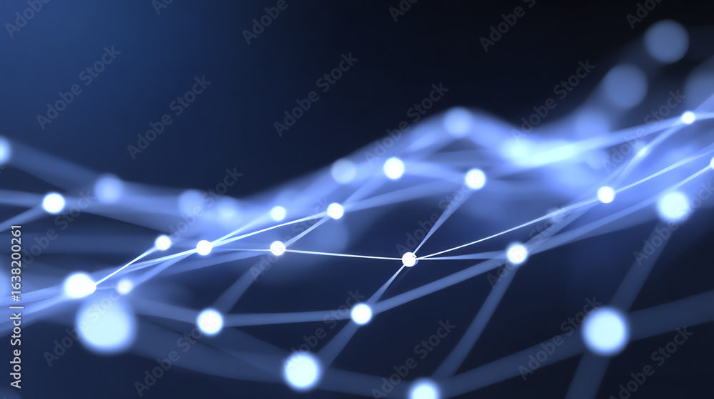 Poster a mesmerizing digital wave showcasing interconnected nodes and lines, symbolizing data flow and conn