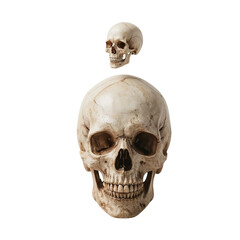 Obraz premium Two human skulls one large and one small positioned vertically isolated on transparent background