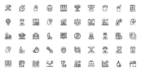 Workaholic icon set. Minimalist vector illustrations. Includes insomnia, burnout, stress, overtime, ambition, productivity, salary, and more. Editable line icons.