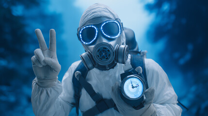 A person in a protective suit and gas mask poses in a misty forest, symbolizing safety and resilience amid environmental challenges.