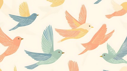 Digital illustration of stylized birds in flight, rendered in pastel blues, yellows, and oranges on a beige background.