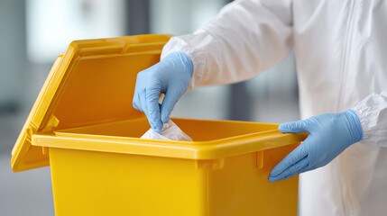 A person wearing protective gloves discards waste into a yellow biohazard container, promoting safe disposal practices.