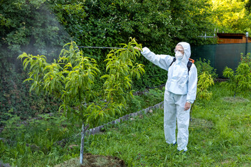A gardener in a protective suit, mask and glasses uses a professional sprayer to treat the garden...