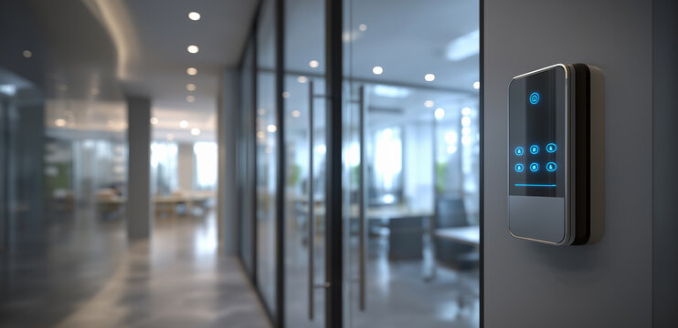 An office building with smart door locks and digital access, showcasing the seamless integration of technology in daily life. The focus is on an electronic lock mounted near glass doors