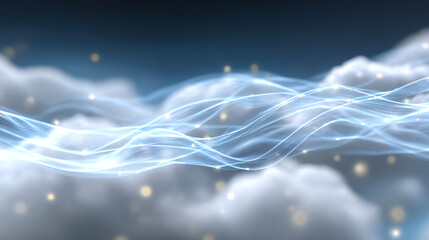 A serene image of flowing light waves amidst clouds, creating a calm and tranquil atmosphere that evokes peace and reflection.