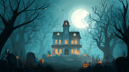 A spooky haunted house scene at night with eerie trees, glowing pumpkins, and a full moon creating an atmosphere of mystery.