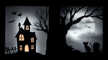 A spooky scene featuring a haunted house, bats, and a silhouette of a cat under a full moon. Perfect for Halloween themes.