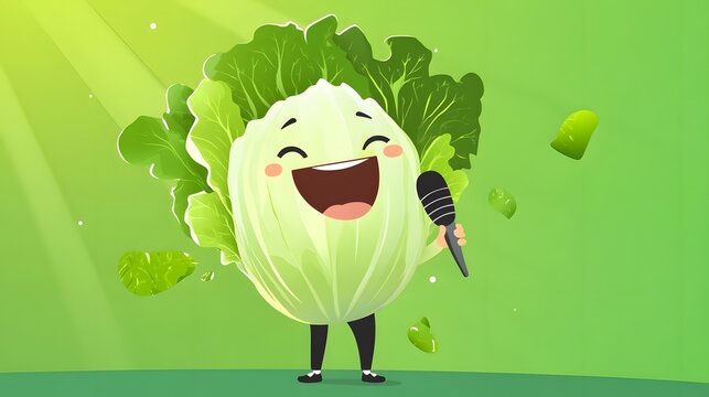 Digital illustration of a smiling lettuce character singing into a microphone with scattered lettuce leaves.