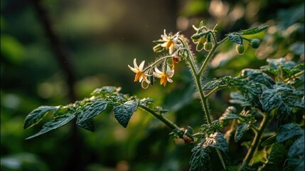 Fototapeta premium Close-up of tomato plant flowers before fruiting stage in soft, golden evening light