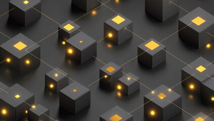 A network of dark gray cubes, some illuminated with warm yellow light, interconnected by thin gold lines on a dark surface