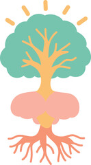 Flat conceptual vector of a brainstem growing into a glowing tree with roots resembling the spinal cord. Minimal, surreal design in pastel colors.