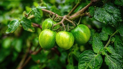 Close-up of unripe green tomatoes growing on a vine, surrounded by healthy green foliage