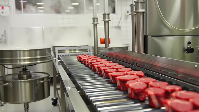 Fresh cuts of red meat are displayed on a conveyor belt in a processing facility, showcasing the quality and texture of the beef in a clean, industrial environment