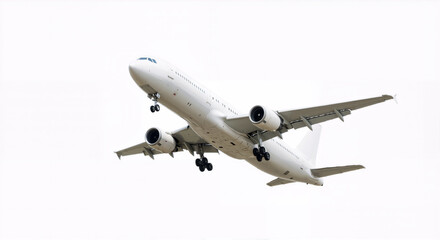 Obraz premium Modern Commercial Aircraft Ascending Against White Sky - Travel and Transportation Concept