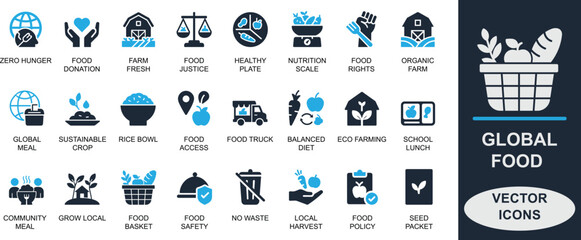 Minimal global food icon set with hunger, nutrition, farming, and organic meal symbols. Perfect for campaigns, health apps, food education, donation, and zero hunger projects.