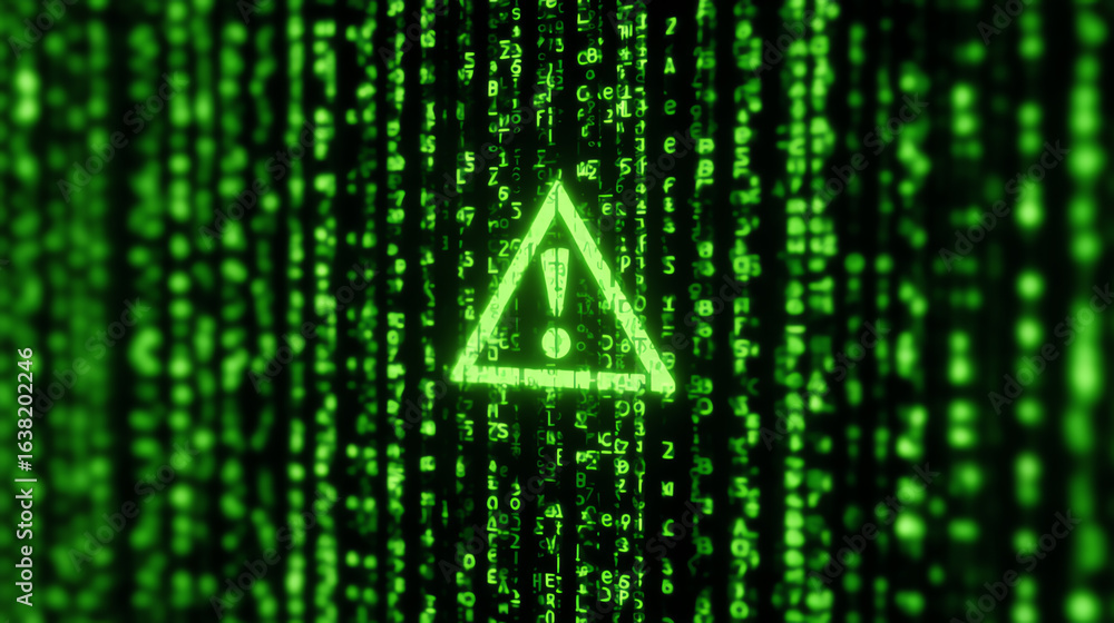 Poster a vivid green digital background featuring binary code and an attention symbol, representing cyberse