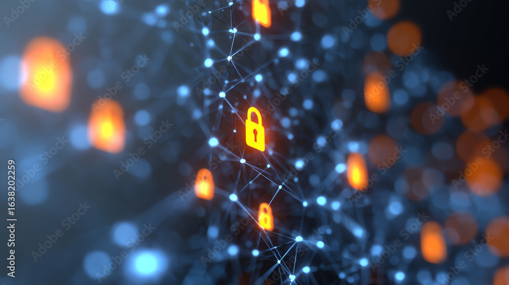 Poster a visual representation of cybersecurity, showcasing interconnected locks and digital networks empha