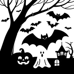 Halloween night background with pumpkin haunted house bats and spooky silhouettes