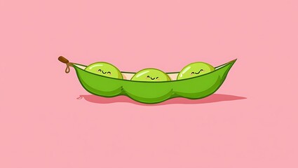 Three adorable cartoon peas smiling happily inside a green pod against a pink background