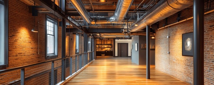 Interior of a renovated brick building with industrial architecture design