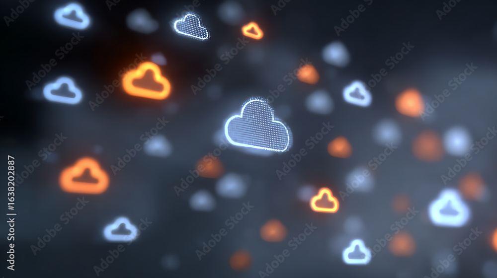 Poster abstract clouds with glowing outlines in vibrant colors illustrate modern cloud computing concepts a