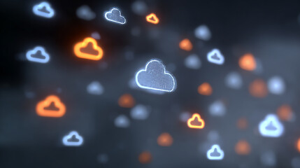 Abstract clouds with glowing outlines in vibrant colors illustrate modern cloud computing concepts and digital storage solutions.