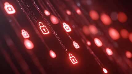 Abstract concept of cybersecurity featuring red padlock icons amidst a digital backdrop, symbolizing online protection and safety.