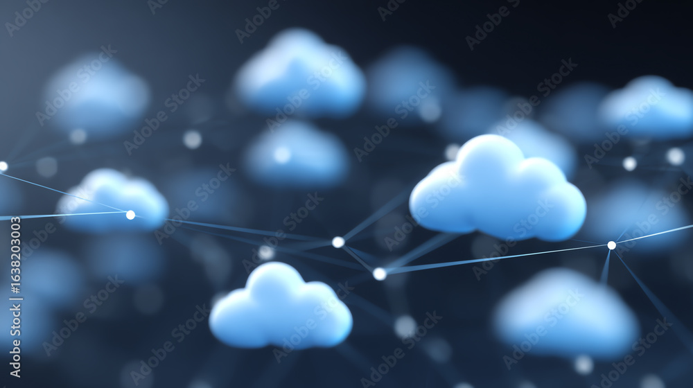Poster abstract digital illustration of interconnected clouds in a network, symbolizing cloud computing and
