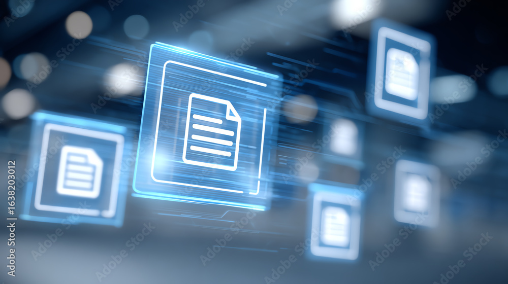 Poster abstract digital interface showing floating documents in a modern workspace, symbolizing innovation 