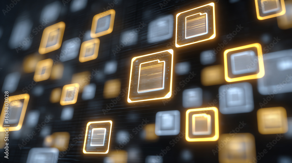 Poster abstract digital interface with interconnected shapes and glowing elements representing data process