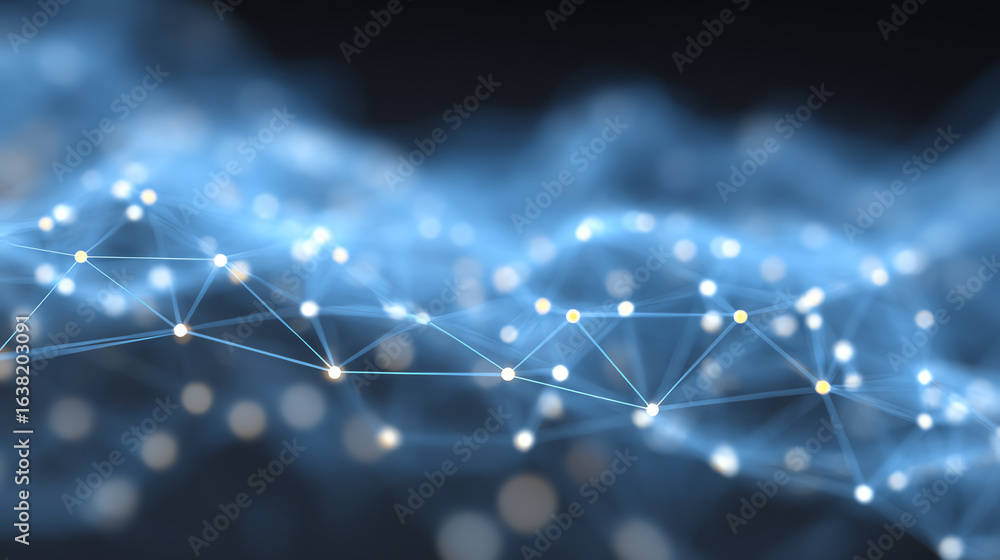 Poster abstract digital network with glowing nodes and connections representing data flow and communication