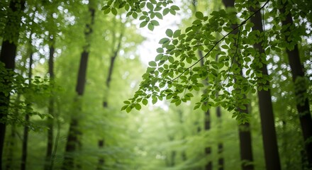 Obraz premium Abstract blurred forest background with sunbeams filtering through trees