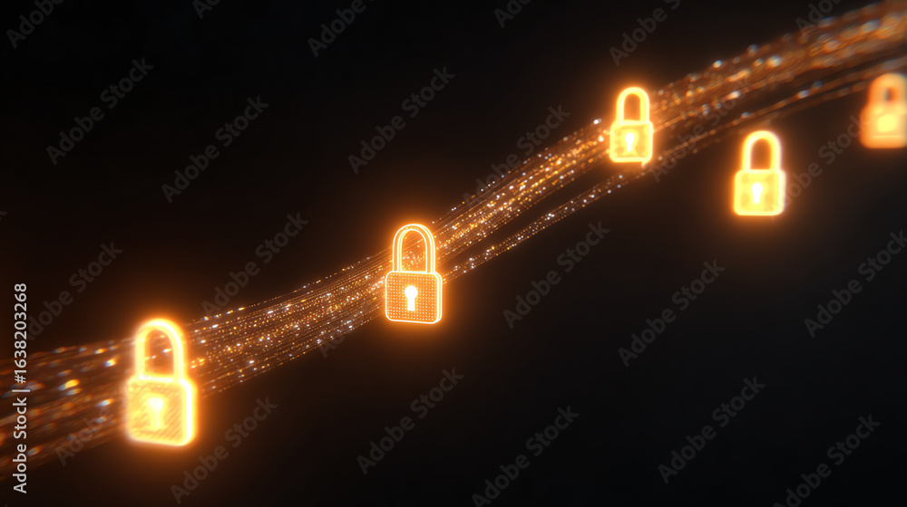 Poster abstract illustration of digital security with glowing locks on a dark background, symbolizing data 