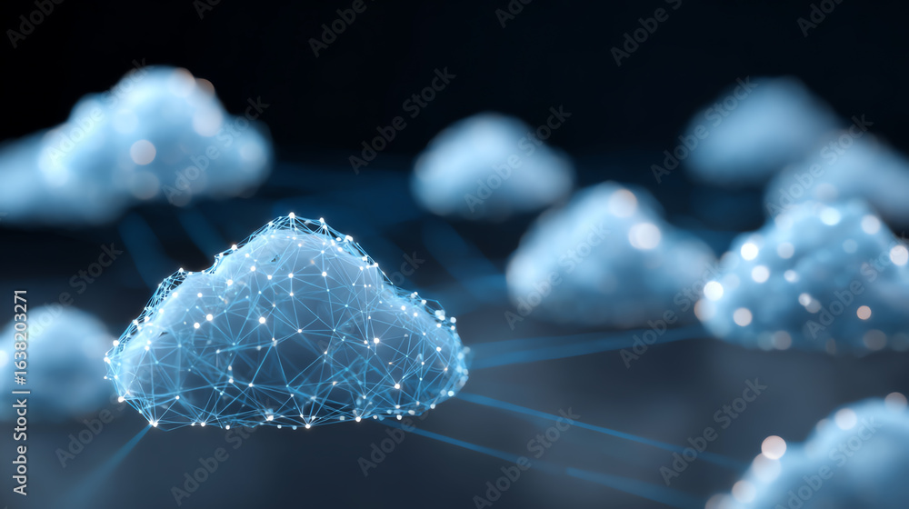 Poster abstract illustration of digital clouds representing cloud computing technology and interconnected d