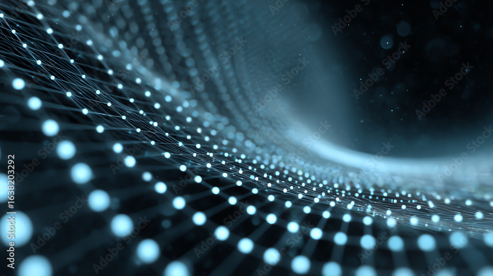 Poster abstract grid pattern in deep blue tones, showcasing a wave of interconnected dots, representing dat