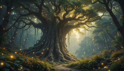 a large tree in a forest lit by fireflies 4k pc wallpaper/ a large branched tree in the wild 4k pc wallpaper