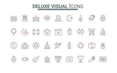 Different world religion line icons set. Christianity and Buddhism, Islam and Judaism temples and religious elements, holy book and prayer thin black and red outline symbols vector illustration