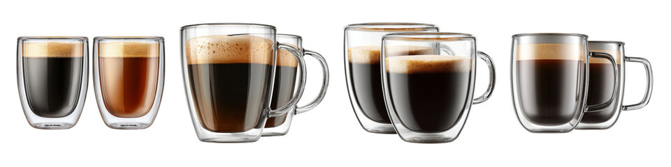 Various coffee drinks in clear glass cups with foam isolated on transparent background.
