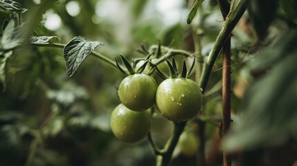 Fototapeta premium Green tomatoes beginning to ripen on tall vine with leaves and stems in full focus