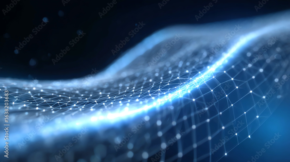 Poster an abstract representation of a digital wave featuring glowing nodes and a grid structure, symbolizi
