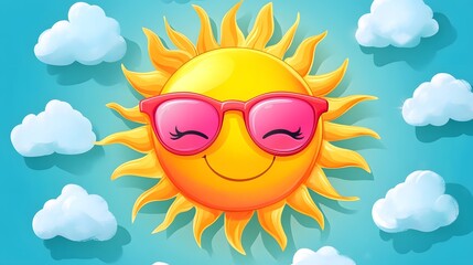Digital illustration of a smiling sun with sunglasses against a blue sky filled with fluffy clouds.