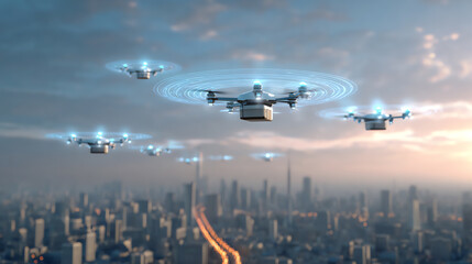 Aerial view of drones delivering packages over a modern city skyline, showcasing advanced technology and urban innovation.