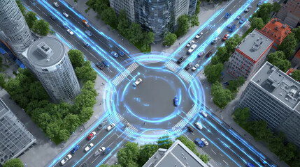 Aerial view of a modern roundabout with digital traffic flow lines, showcasing urban transport innovation and smart city designs.