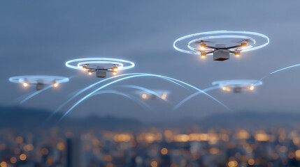 Aerial view of futuristic drones flying over a cityscape at dusk, showcasing advanced technology and innovation in urban environments.