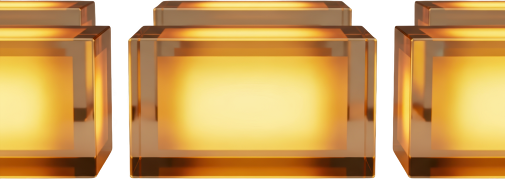 Rows of golden transparent cubes with illuminated interiors isolate geometric luxury shiny clean modern