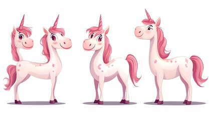 Digital illustration of a cute, pink spotted unicorn with a single horn and smiling expression.
